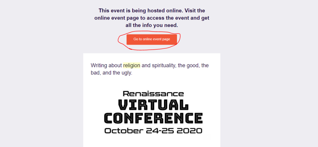 Image of the eventbrite email with a button at the top that says Go to online event page