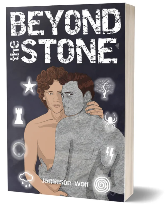 Book cover image: Navy blue background with various glowing runes floating around two men, naked from the waist up. One looks human and the other one has skin like stone. They are embracing.