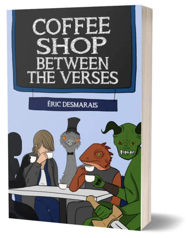 Book cover image: a human and a bunch of creatures sitting around a table, drinking coffee.