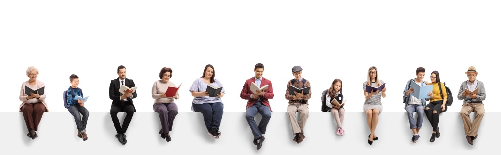Old and young people sitting on a banner reading books isolated on white background