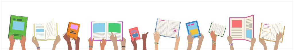 Illustrations of hands holding a variety of books